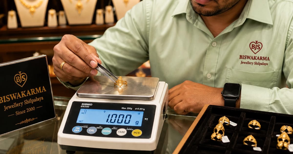 BJS Staff weighing a light gold ring on a digital scale at the counter which is one gram