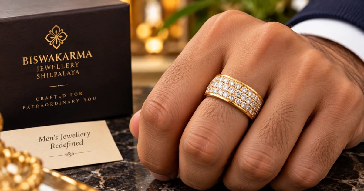 Close-up of a pavé-set men's band with rows of small round diamonds on a men's finger