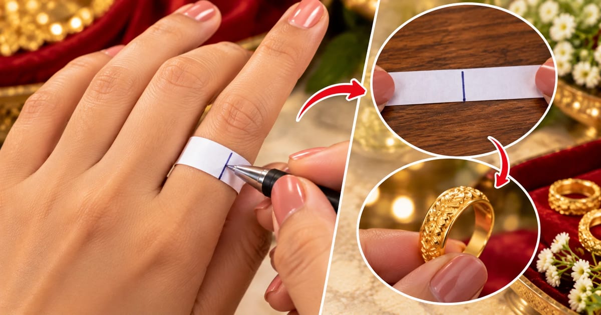Measuring ring size at home with a paper strip around the finger