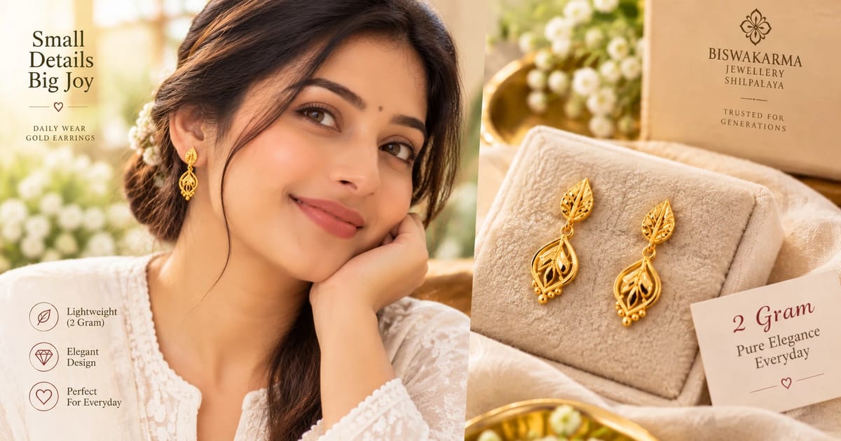 Pair of 2 gram gold earrings for daily use resting on a soft cloth and a women wearing 2 gm of earring