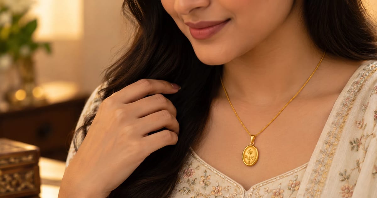 Woman wearing a simple 22K gold locket design for female, oval shape, daily wear