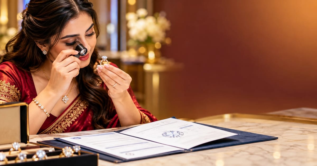Diamond buying guide: checking a ring’s grading report and bill with a 10x loupe