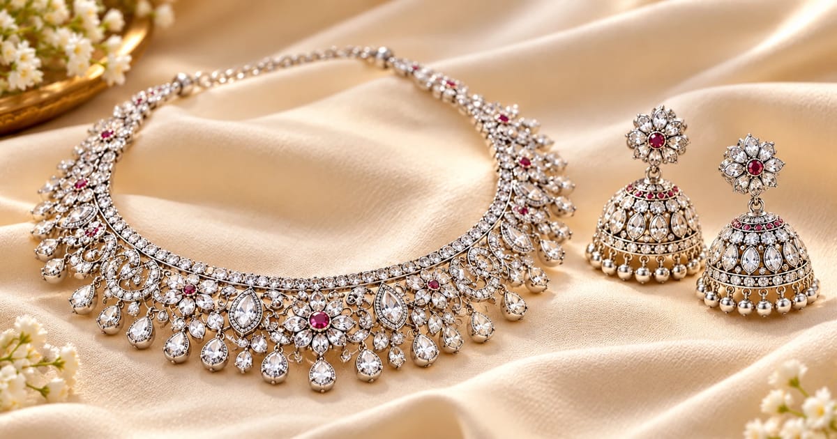 Oxidised 925 silver necklace set with matching jhumka earrings on a plain cloth