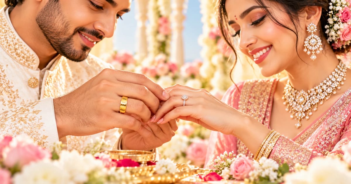 Engagement ring for men in 22K gold worn beside the bride's diamond ring