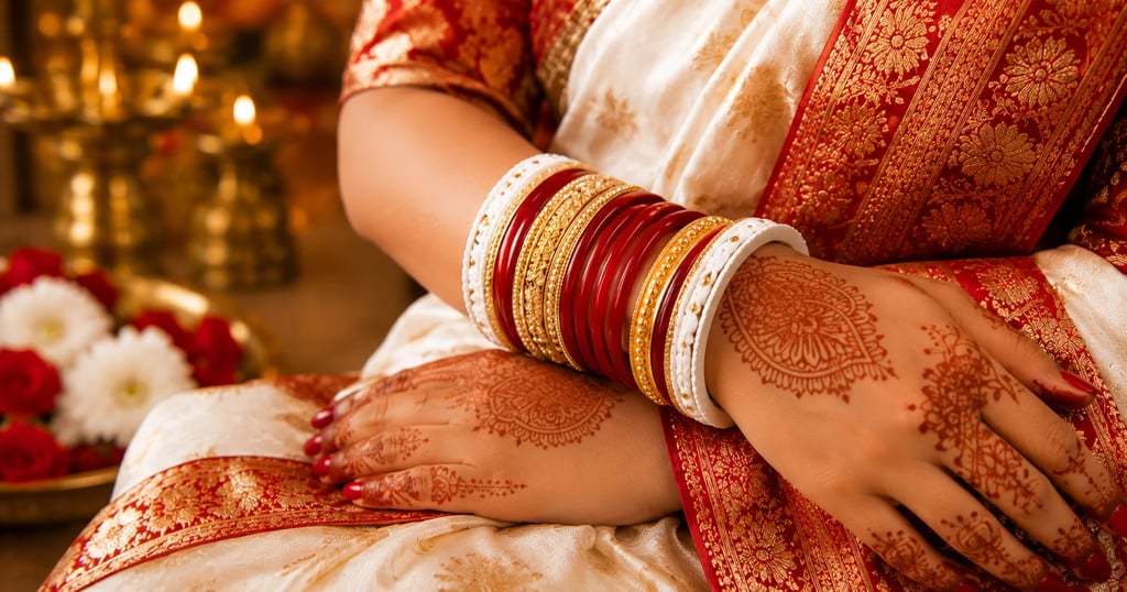 Pola bangles in red and gold worn with a white shakha on a bride's wrist