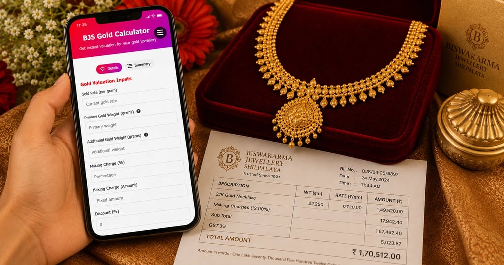 Phone showing a gold calculator beside a 22K necklace and a printed bill