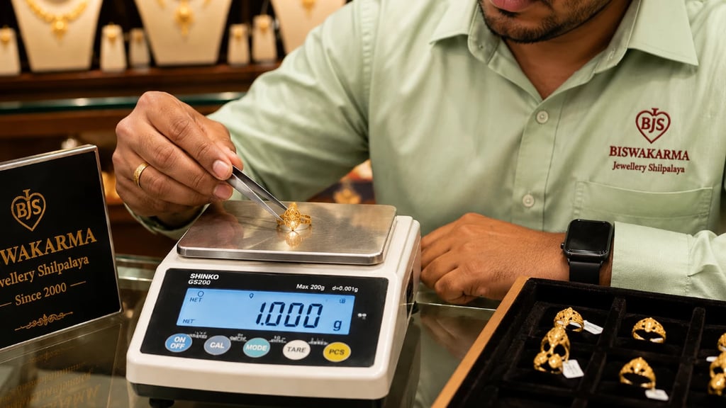 BJS Staff weighing a light gold ring on a digital scale at the counter which is one gram