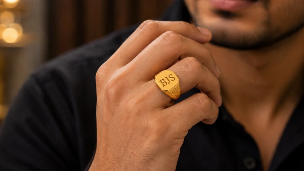 Signet gold ring with an engraved initial on a young man's hand