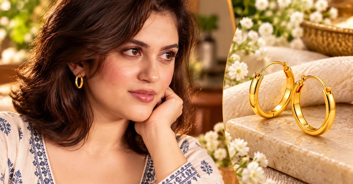 Daily wear new gold bali design: a 2 gram pair of plain 22K hoops worn with a cotton kurti