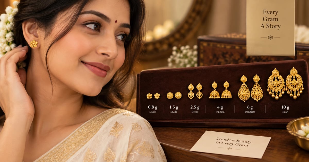 Gold earrings for women laid out by weight, from 0.8 gram studs to a 10 gram kaan