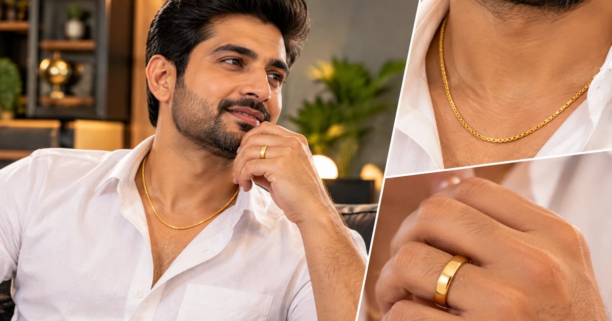 Man in a white shirt wearing a slim gold chain and a plain gold band, showing everyday gold for men