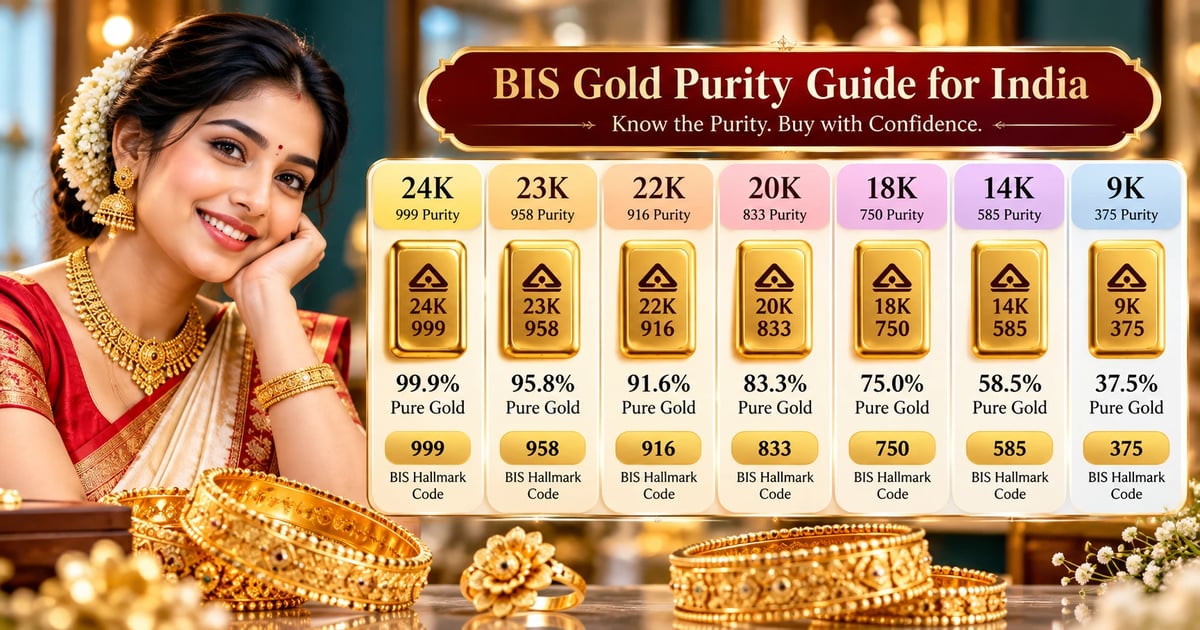 Gold purity chart for India showing 24K, 23K, 22K, 20K, 18K, 14K and 9K with hallmark codes and gold percentage