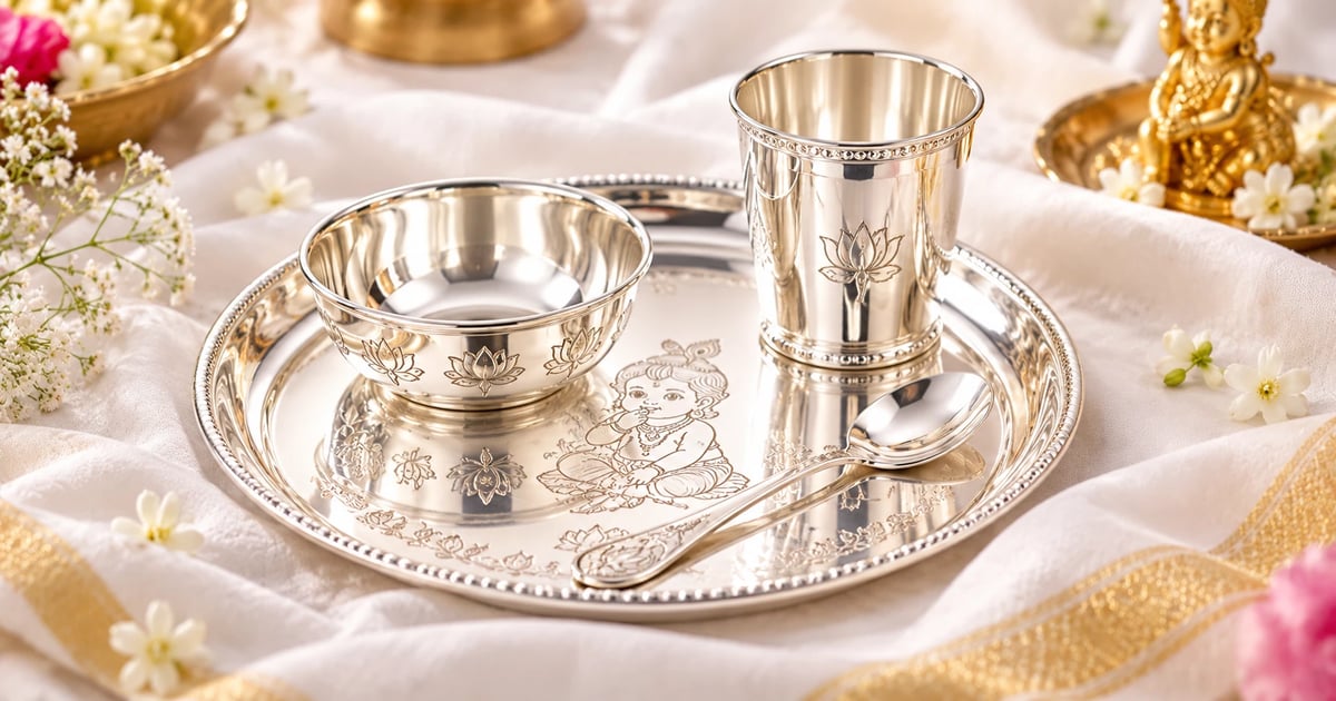 Silver plate price guide: 925 silver thala, bati, glass and spoon set for annaprashan