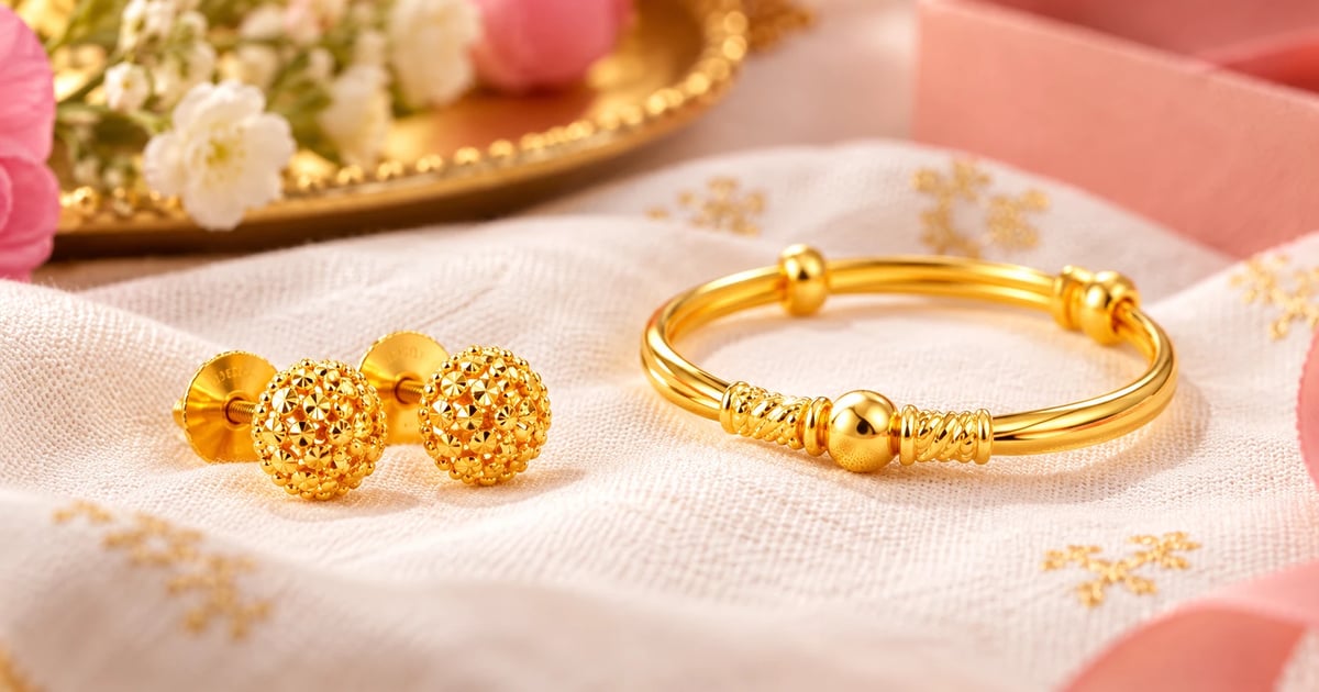 Baby girl earrings in gold: small round 22K tops with flat screw-backs beside a baby bangle