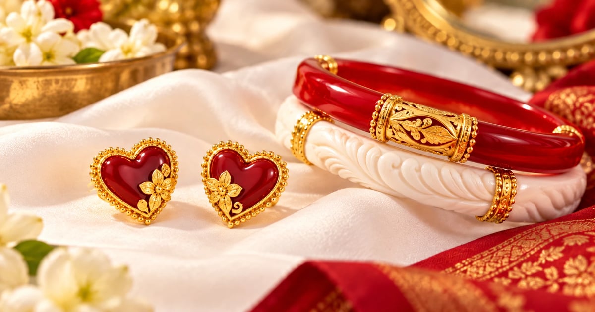 Heart-shaped red and gold pola earrings on white cloth beside a shakha pola bangle.