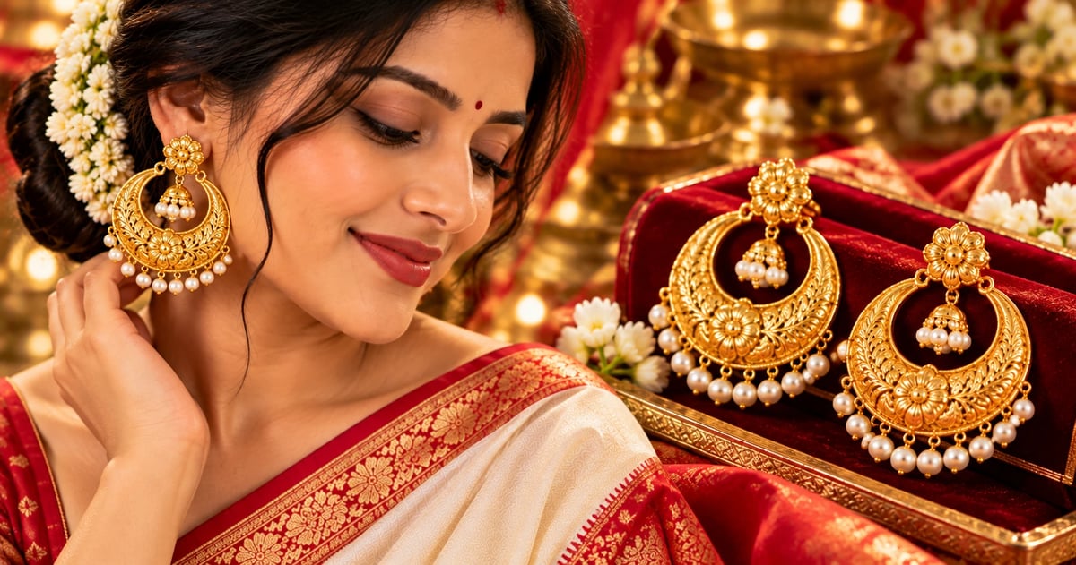Kanbala design gold earrings with pierced naksha crescent and pearl jhoor on a red-bordered saree