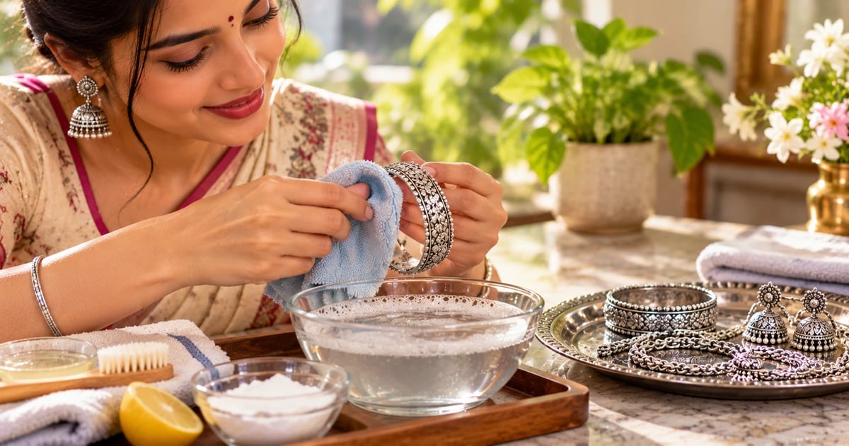 foil bath setup, a glass bowl lined with aluminium foil holding a silver spoon and chain in steaming water