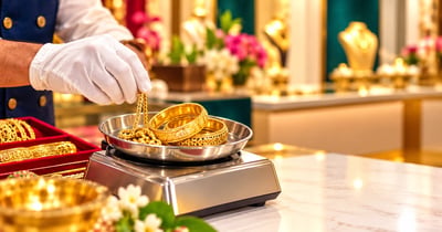 Old gold exchange in Kolkata: old bangles and a chain being weighed on a jeweller's scale