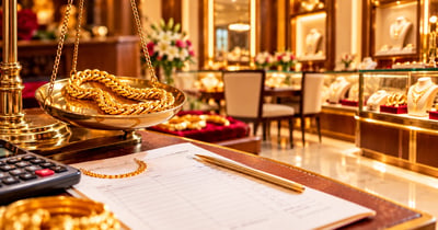 Gold making charges on an itemised bill beside a 22K gold chain on a jeweller's scale