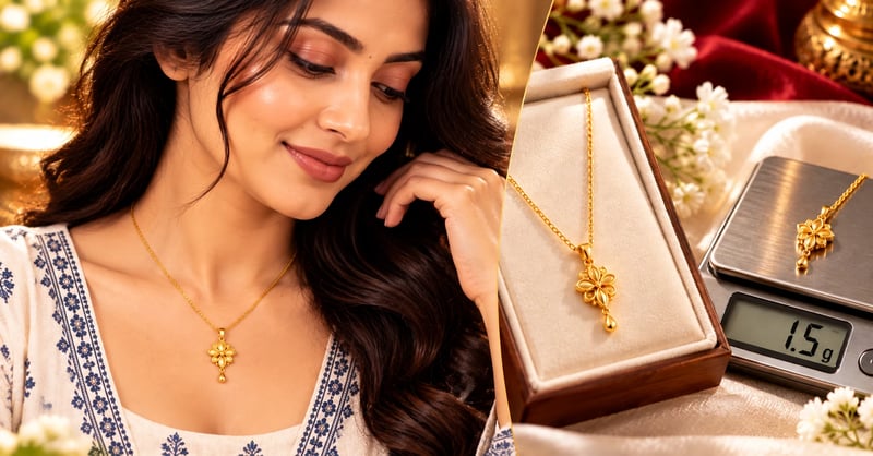Light weight pendant in 22K gold on a thin chain, shown beside a gram scale reading 1.5 g