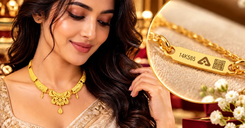 14K gold necklace with a small pendant beside a close-up of its 14K585 BIS hallmark and HUID