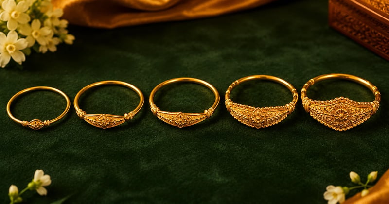 Five gold noa design profiles laid flat, from slim soru to a worked muk front