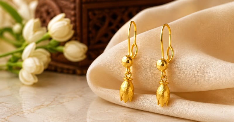 Gold belkuri earrings with jasmine-bud drops and safetypin hooks