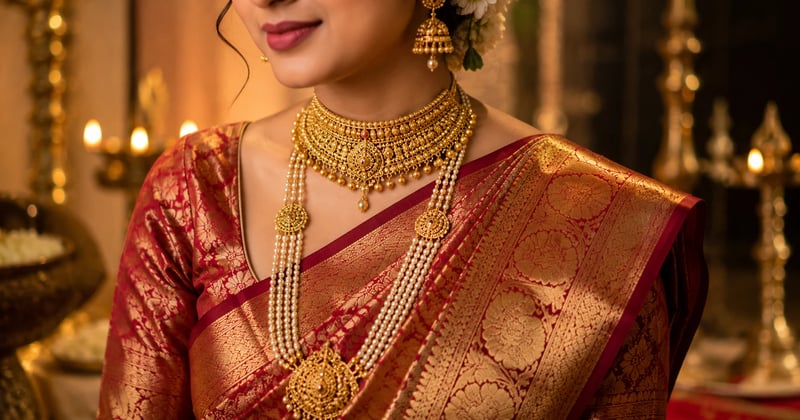 Bride wearing a layered gold choker with a long pearl sitahar and a Benarasi saree