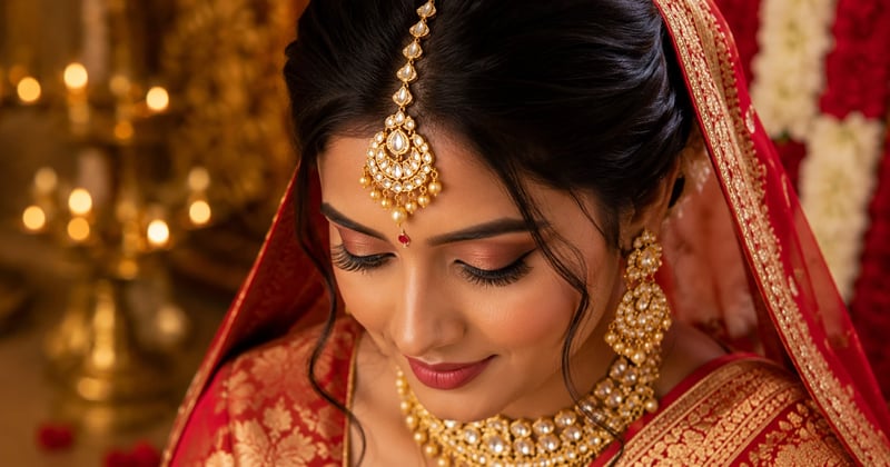 22K gold maang tikka with kundan work styled with a bridal saree