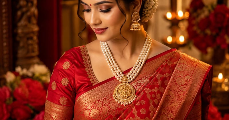 Bride wearing a pearl sitahar with a gold pendant over a red Banarasi saree