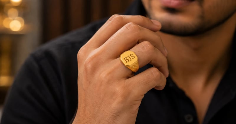 Signet gold ring with an engraved initial on a young man's hand