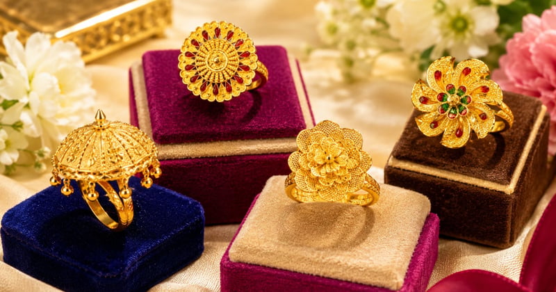 Four 22K gold umbrella ring designs arranged by weight from 1.85 g to 5.73 g