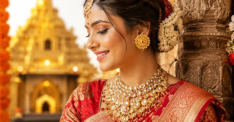 Bridal pasa earrings worn at the temple with a kundan bridal set