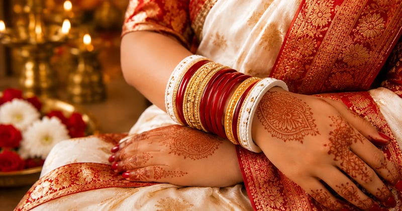 Pola bangles in red and gold worn with a white shakha on a bride's wrist