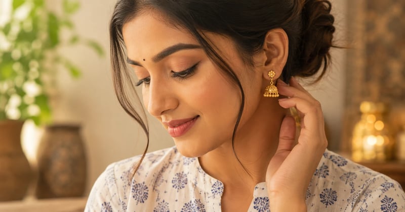 Small 22K gold jhumkas under four grams worn with a cotton kurta