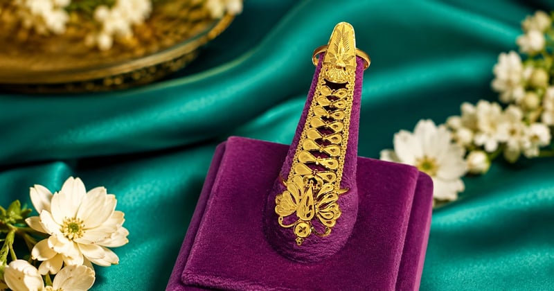 22K gold caterpillar ring with layered filigree coiled around the finger