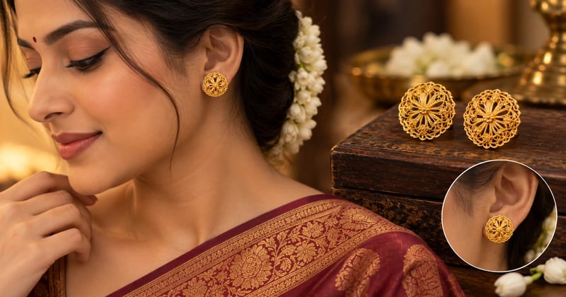 Filigree tarakashi gold tops, about 3 grams a pair, worn with a silk saree