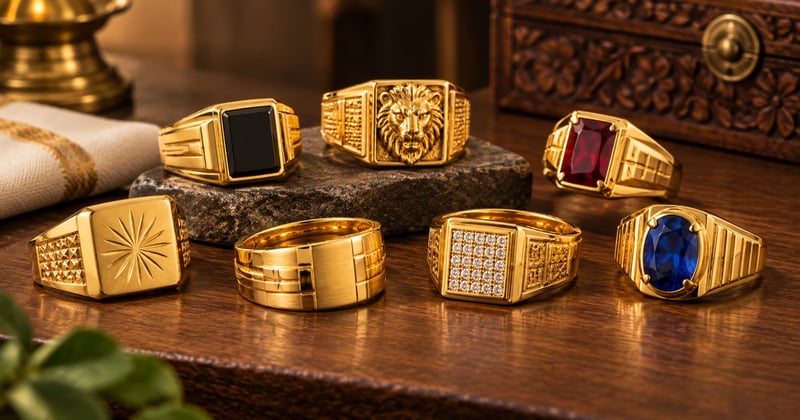 Gents gold ring design for Indian men — signet, band, and gemstone styles arranged together.