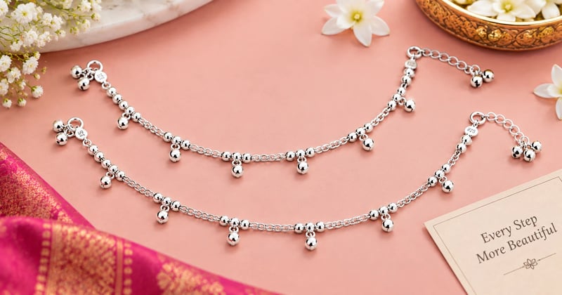 Silver payal for women in a lightweight chain design, laid flat on a plain background