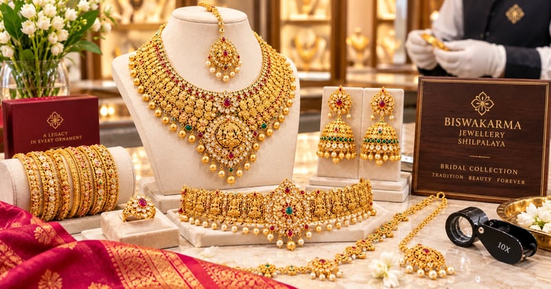 Bridal set laid out on a shop counter beside a jeweller's loupe