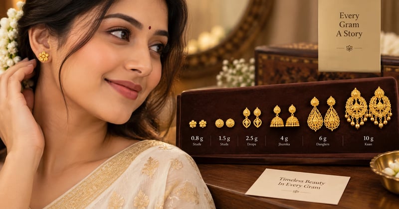 Gold earrings for women laid out by weight, from 0.8 gram studs to a 10 gram kaan