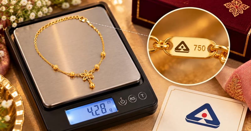 Lightweight necklace in 18K gold on a digital jewellery scale beside a BIS hallmark close-up