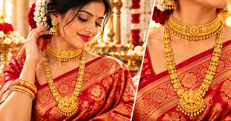 Bengali bride wearing a 22K gold necklace choker with a long sitahar