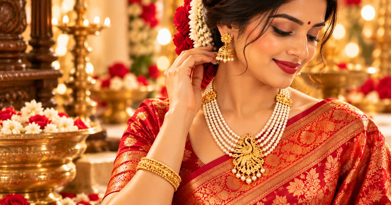 Bengali pearl gold necklace design with five pearl strands and a gold peacock pendant on a red Benarasi saree