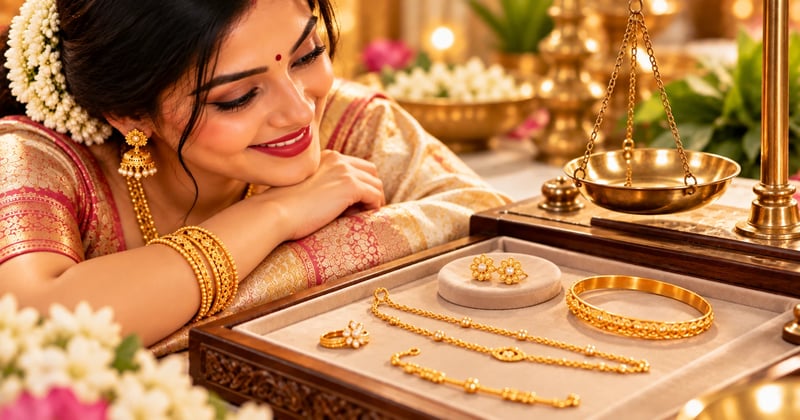 Lightweight gold jewellery in 22K gold, from a 1 gram belkuri pair to a thin noa, beside a jeweller's scale