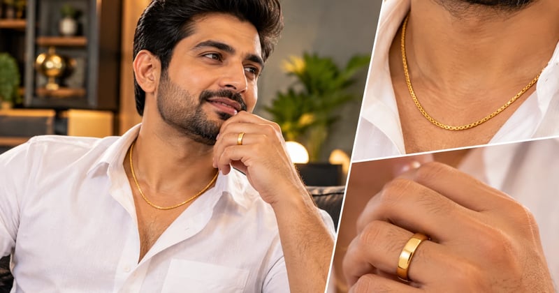 Man in a white shirt wearing a slim gold chain and a plain gold band, showing everyday gold for men