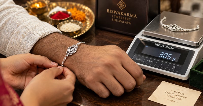 Silver rakhi tied on a man's wrist beside a jeweller's weighing scale
