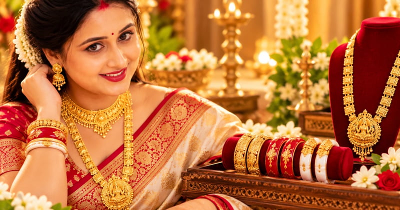 Bengali bridal set with sitahar, bauti bangles and gold-capped shakha and pola