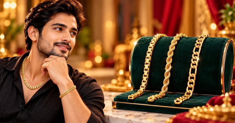 Gold chain for men in 22K box, rope and Figaro designs laid side by side