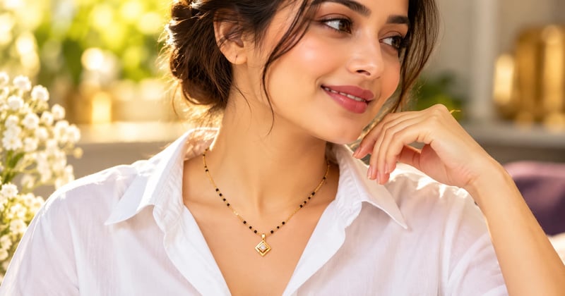 Short gold mangalsutra with a small geometric locket worn with a white collared shirt